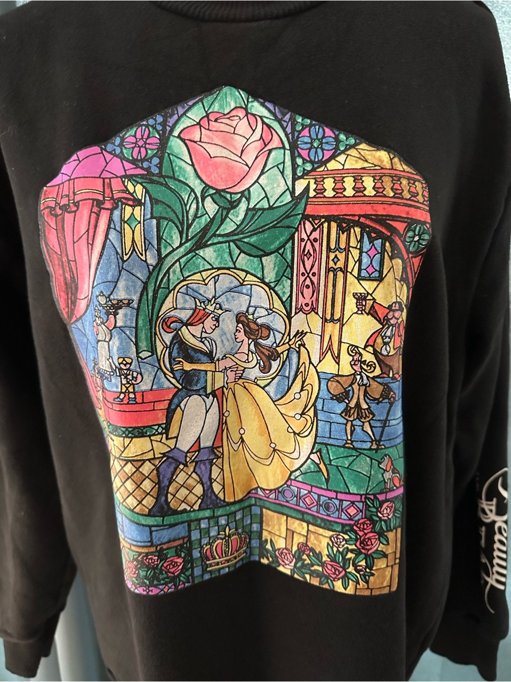 Disney Princess Beauty & The Beast Belle Stained Glass Sweatshirt Black M - Picture 2 of 7